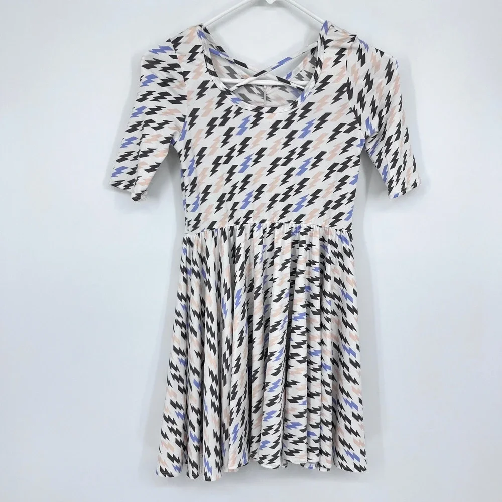 NWT Dot Dot Smile Skater Dress Girls 8/10 White Lightning Bolt Retro Indie Funky